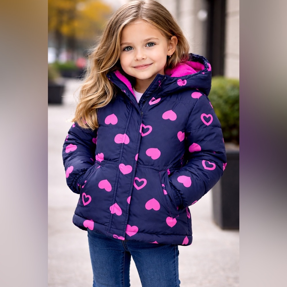 Joe Fresh Girls Puffer Jacket Navy Pink Hearts Size 4